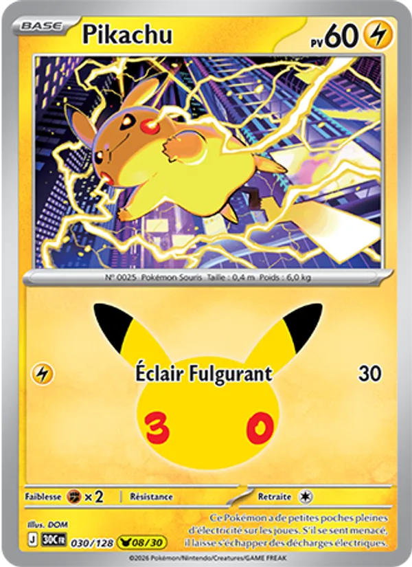 Carte Pokémon Pikachu de l'extension 30ᵉ Anniversaire