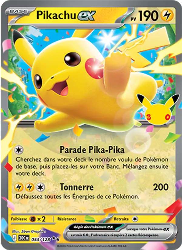Carte Pokémon Pikachu-ex de l'extension 30ᵉ Anniversaire