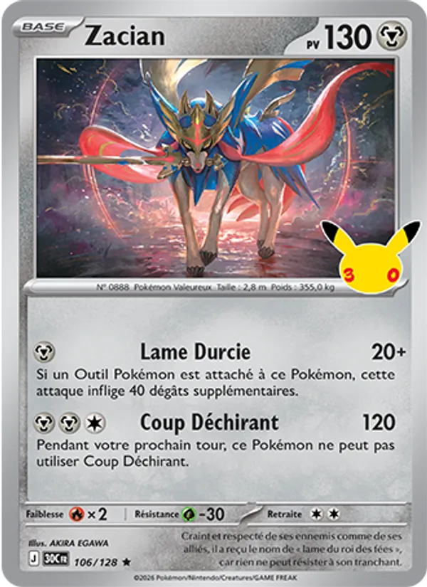 Carte Pokémon Zacian de l'extension 30ᵉ Anniversaire