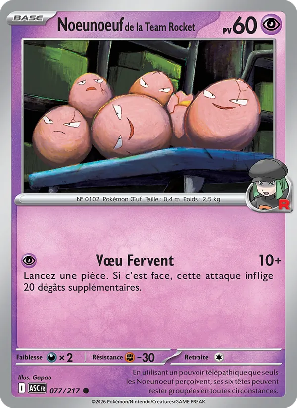 Carte Pokémon Noeunoeuf de la Team Rocket de l'extension Héros Transcendants