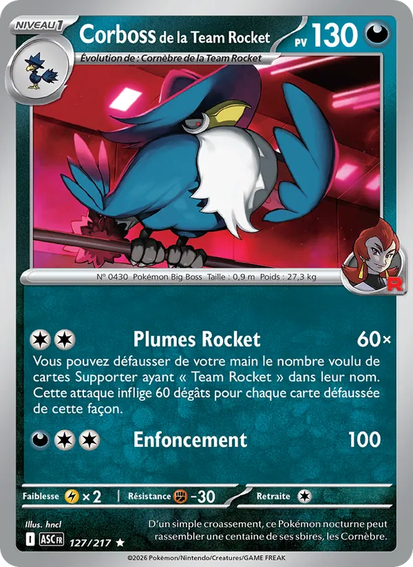 Carte Pokémon Corboss de la Team Rocket de l'extension Héros Transcendants