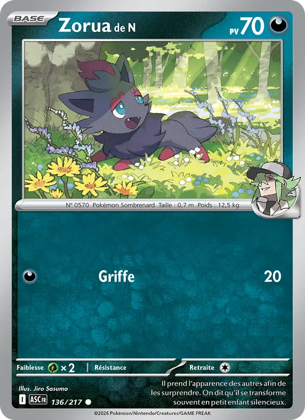 Carte Pokémon Zorua de N de l'extension Héros Transcendants