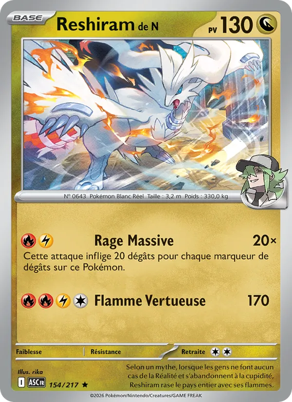 Carte Pokémon Reshiram de N de l'extension Héros Transcendants