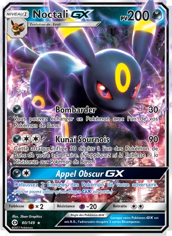 Carte Pokémon Noctali GX de l'extension Soleil et Lune