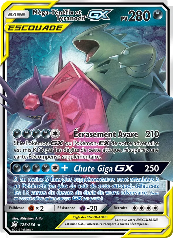 Carte Pokémon Méga-Ténéfix et Tyranocif GX de l'extension Harmonie des Esprits
