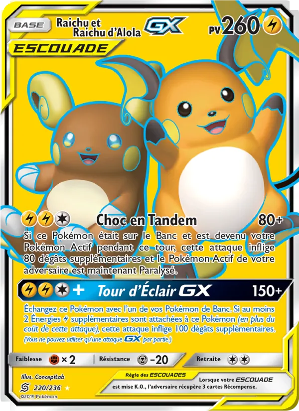 Carte Pokémon Raichu et Raichu d’Alola GX de l'extension Harmonie des Esprits