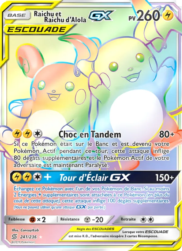 Carte Pokémon Raichu et Raichu d’Alola GX de l'extension Harmonie des Esprits