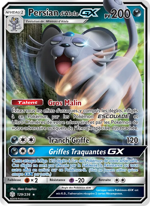 Carte Pokémon Persian d’Alola GX de l'extension Éclipse Cosmique