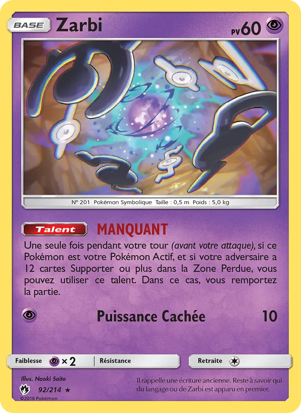 Carte Pokémon Zarbi de l'extension Tonnerre Perdu