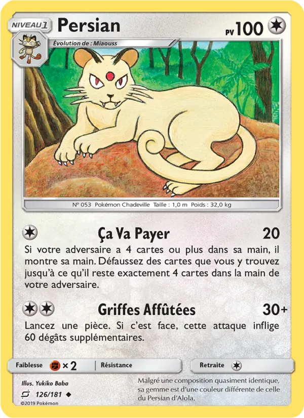 Carte Pokémon Persian de l'extension Duo de Choc