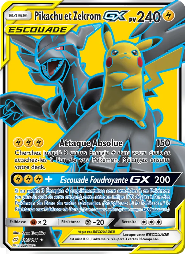 Carte Pokémon Pikachu et Zekrom GX de l'extension Duo de Choc