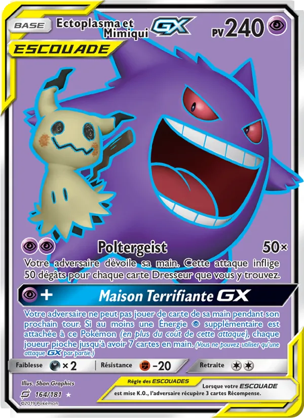 Carte Pokémon Ectoplasma et Mimiqui GX de l'extension Duo de Choc