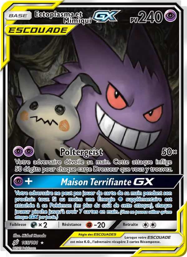 Carte Pokémon Ectoplasma et Mimiqui GX de l'extension Duo de Choc