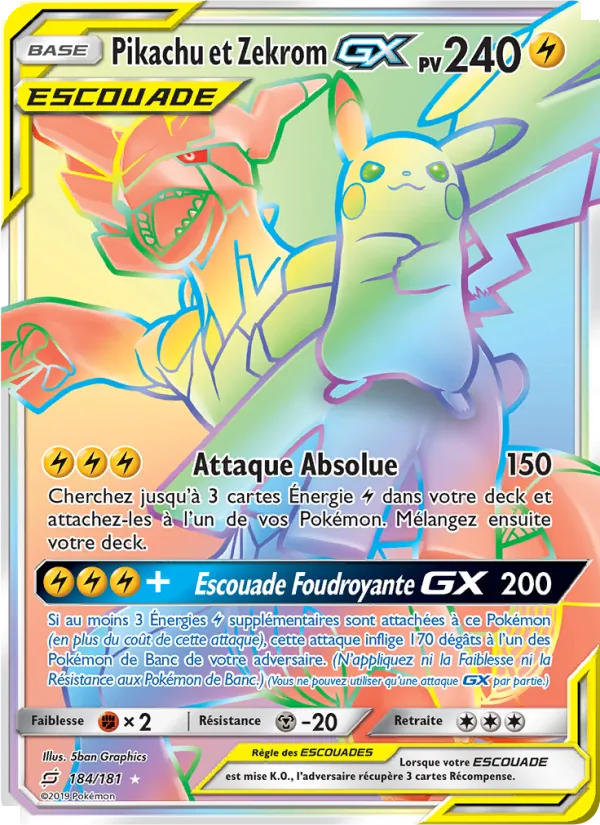 Carte Pokémon Pikachu et Zekrom GX de l'extension Duo de Choc
