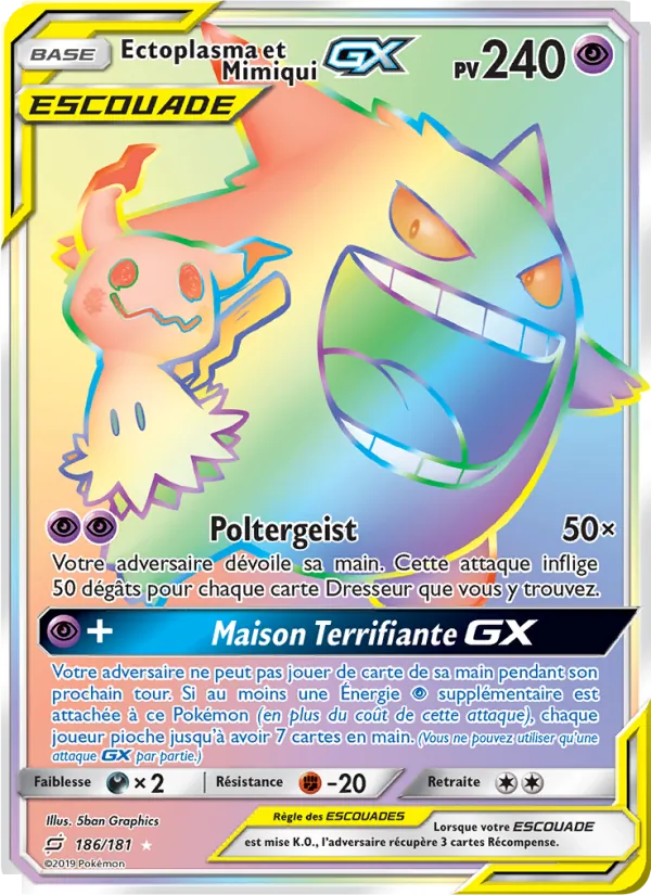 Carte Pokémon Ectoplasma et Mimiqui GX de l'extension Duo de Choc