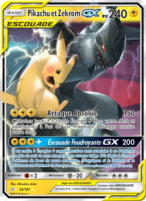 Carte Pokémon Pikachu et Zekrom GX de l'extension Duo de Choc