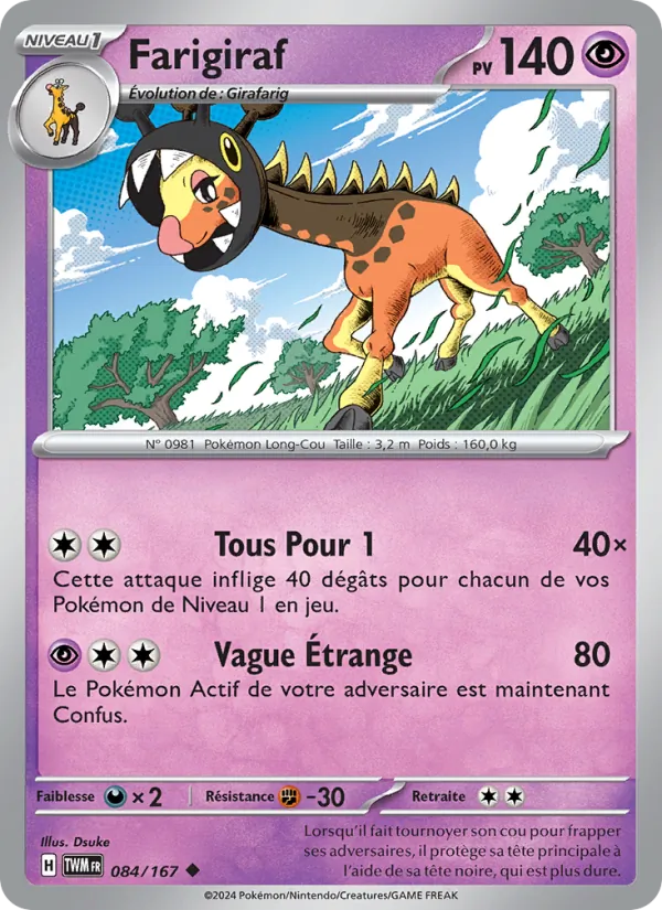 Carte Pokémon Farigiraf de l'extension Mascarade Crépusculaire