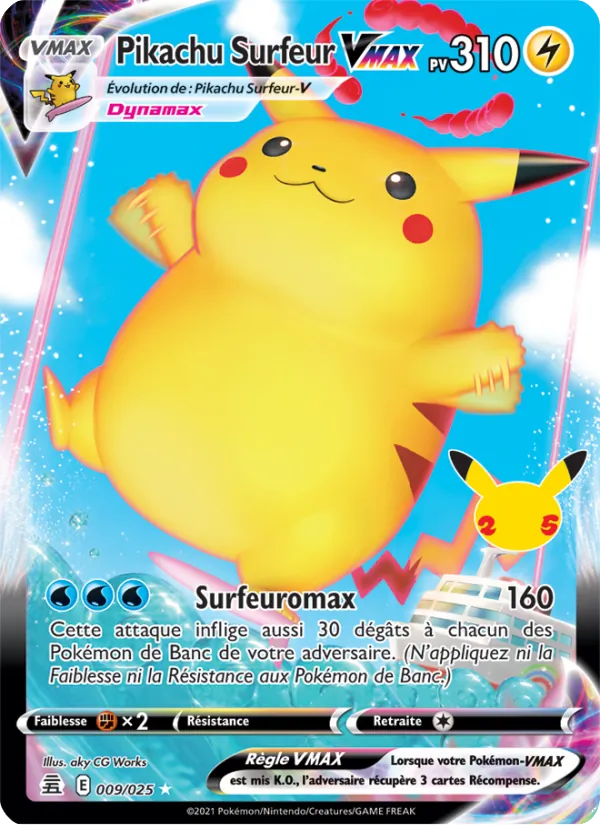 Carte Pokémon Pikachu Surfeur VMAX de l'extension Célébrations