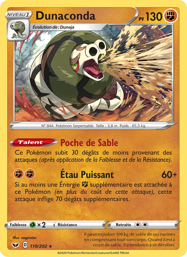 Carte Pokémon Dunaconda de l'extension Épée et Bouclier