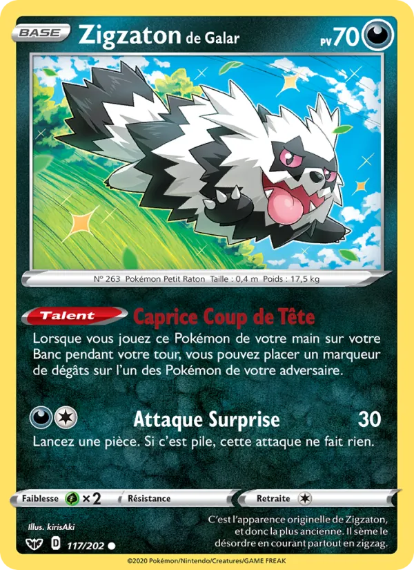 Carte Pokémon Zigzaton de Galar de l'extension Épée et Bouclier
