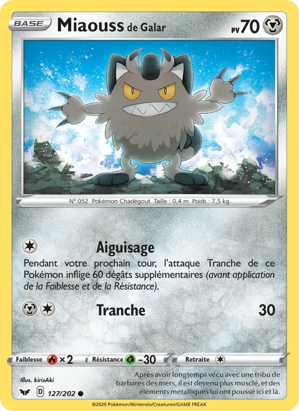 Carte Pokémon Miaouss de Galar de l'extension Épée et Bouclier