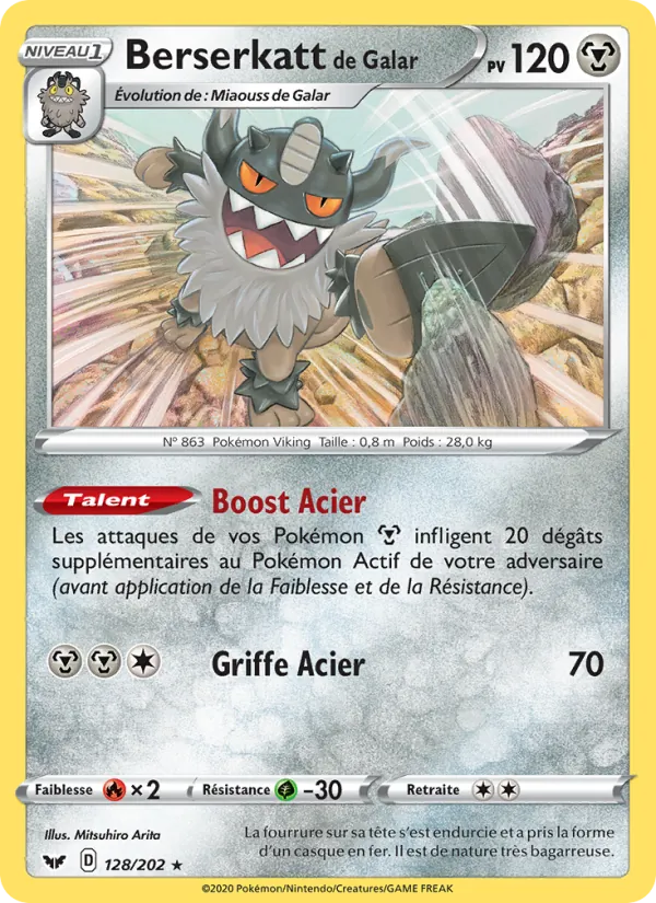 Carte Pokémon Berserkatt de Galar de l'extension Épée et Bouclier