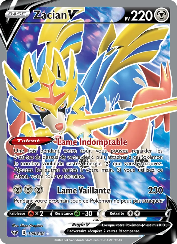 Carte Pokémon Zacian V de l'extension Épée et Bouclier