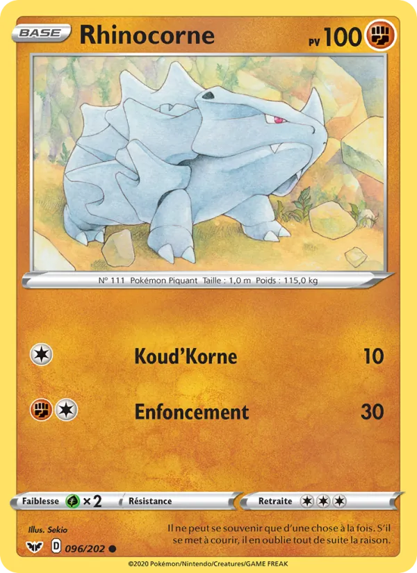 Carte Pokémon Rhinocorne de l'extension Épée et Bouclier
