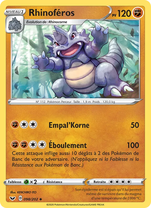 Carte Pokémon Rhinoféros de l'extension Épée et Bouclier