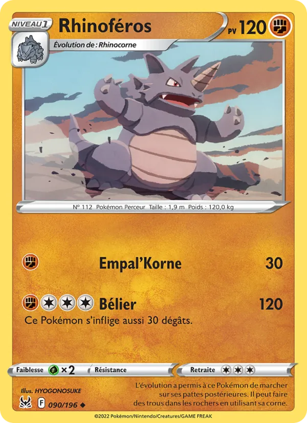 Carte Pokémon Rhinoféros de l'extension Origine Perdue