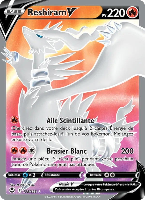 Carte Pokémon Reshiram V de l'extension Tempête Argentée