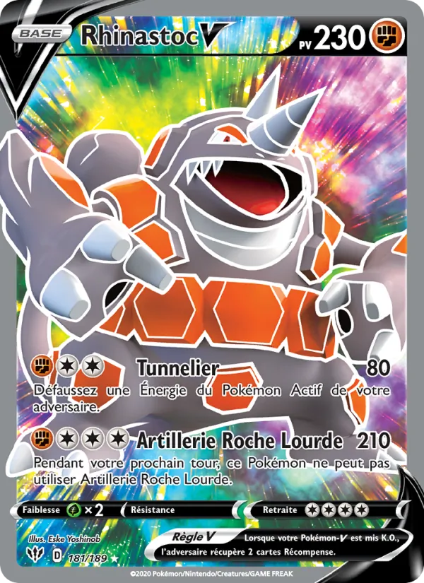 Carte Pokémon Rhinastoc V de l'extension Ténèbres Embrasées