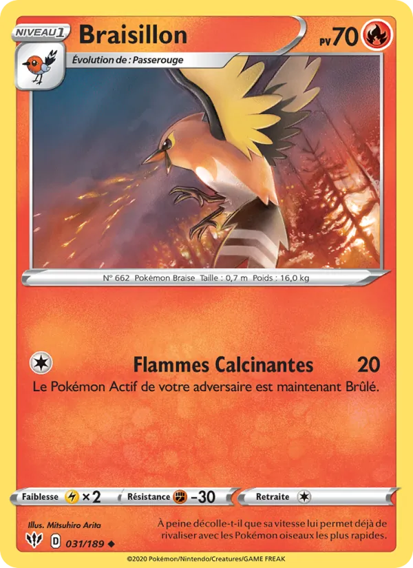 Carte Pokémon Braisillon de l'extension Ténèbres Embrasées