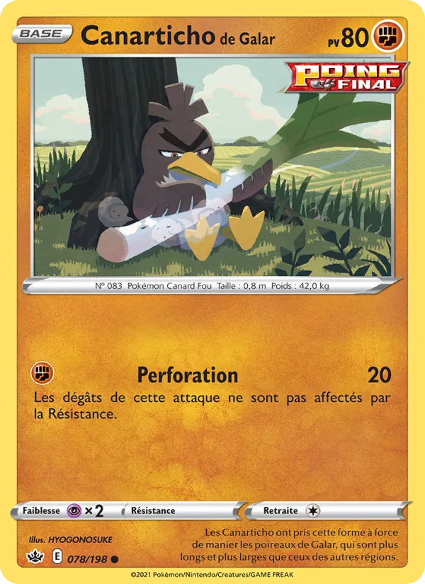 Carte Pokémon Canarticho de Galar de l'extension Règne de Glace