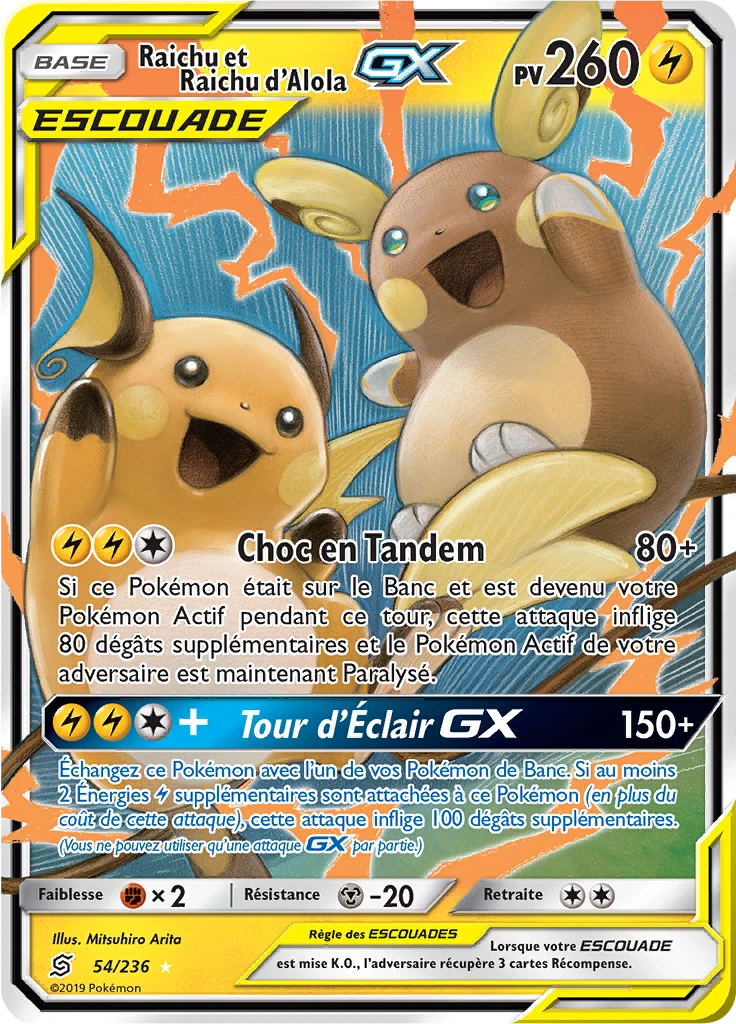 Carte Pokémon Raichu et Raichu d’Alola GX de l'extension Harmonie des Esprits